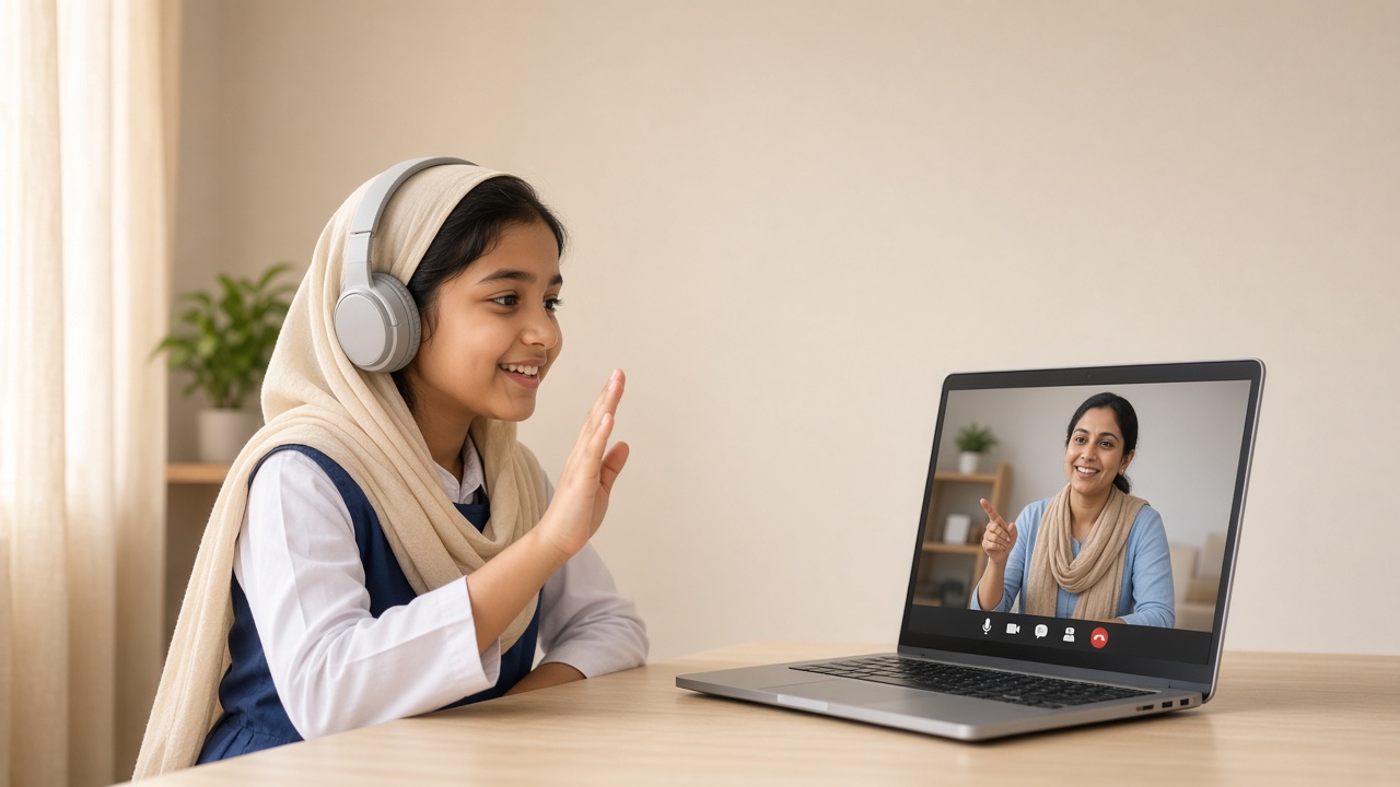Student taking an online tuition class on a laptop